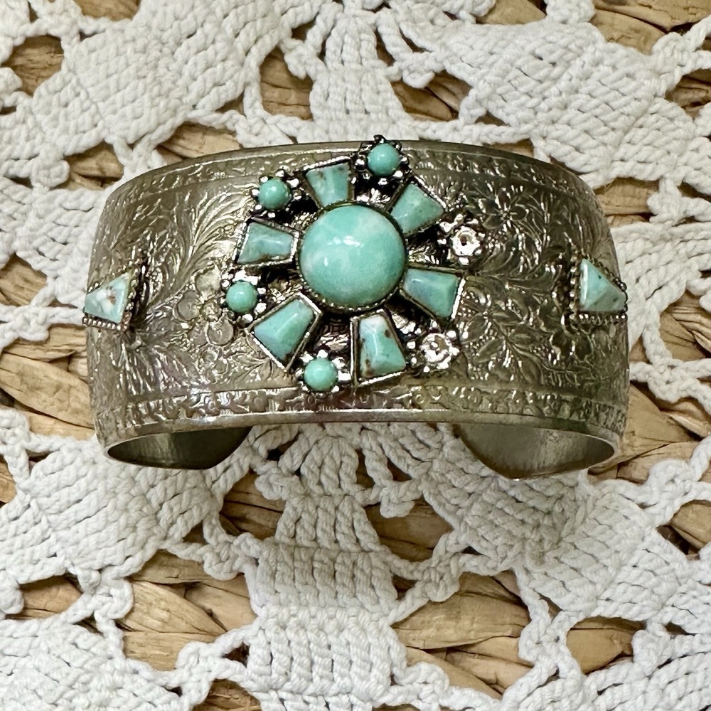 Vintage Teal Blue Faux Stone Filigree Style Turquoise Silver Tone Cuff See Descr